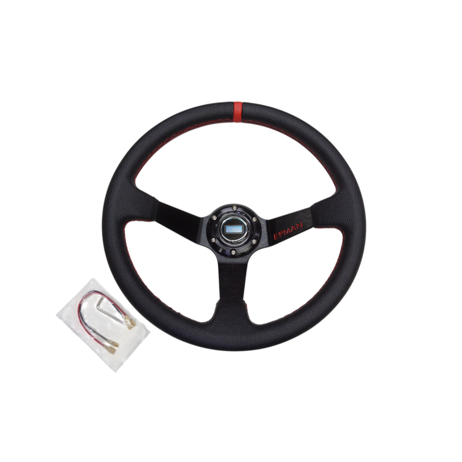 DSC08024-Photoroom.jpg Volante deportivo cóncavo Epman racing PVC 350mm negro con rojo - Imagen 1
