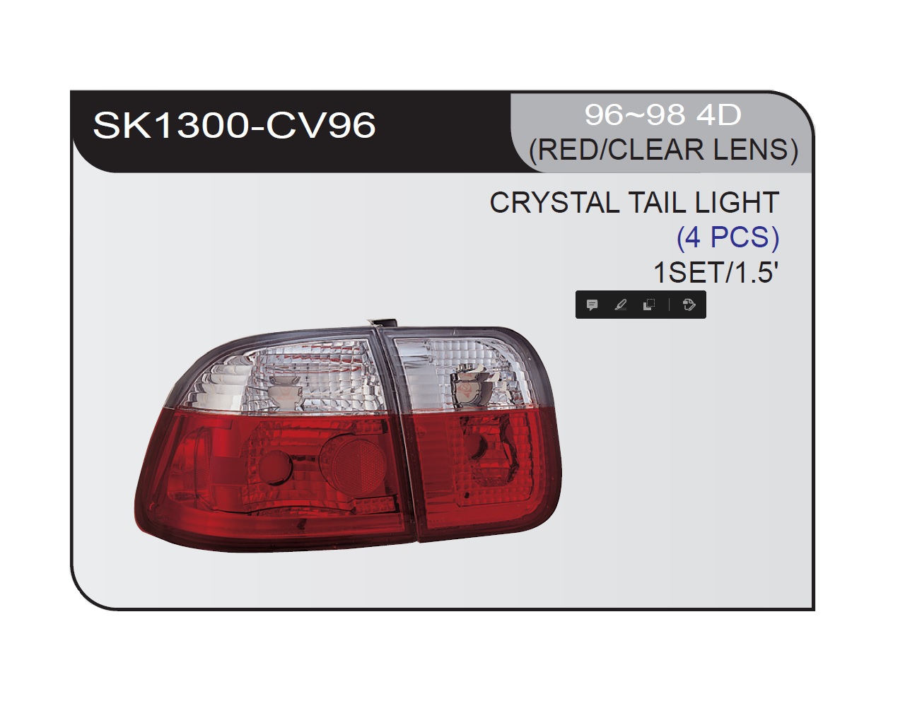 SK1300-CV96.jpg Focos Honda Civic 96-98 4D fondo rojo/blanco Cristal - Imagen 1